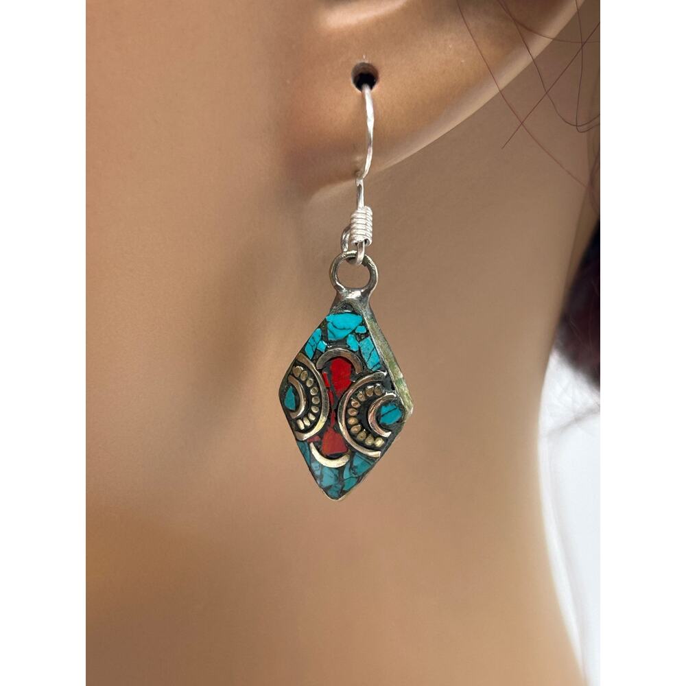 Turquoise & Coral Tibetan Silver Pendant Necklace Set w/ Earrings & Ring - Picture 4 of 8